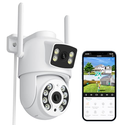Anksono 2K Câmara de vigilância WiFi exterior com lente dupla, câmara IP monitorização com controlo humano automático, visão noturna, áudio bidirecional, gravação contínua, compatível com Alexa