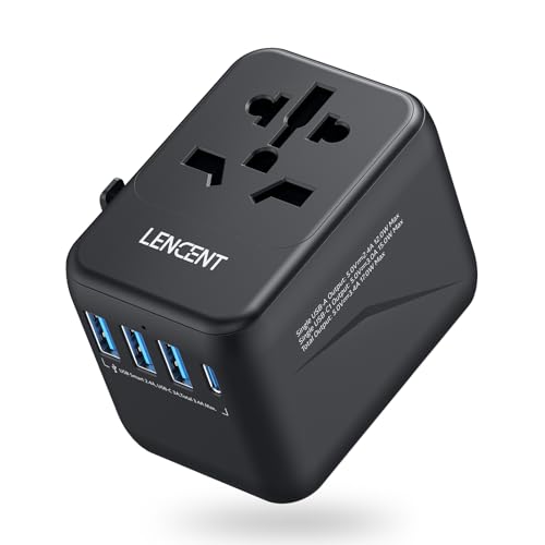 LENCENT Adaptador de viagem universal, carregador internacional com 3 portas USB e carregamento PD tipo C para telemóvel, portátil, adaptador de tomada de viagem para mais de 200 países (EUA, EU AUS),