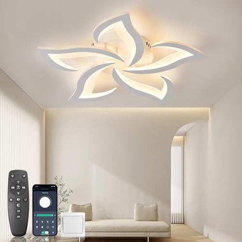 KSIBNW Plafão LED teto regulável moderno, candeeiro de teto LED com controlo remoto e controlo APP candeeiro LED 5 pétalas para branco plano teto quarto sala de estar sala de jantar, 2700 K-6500 K