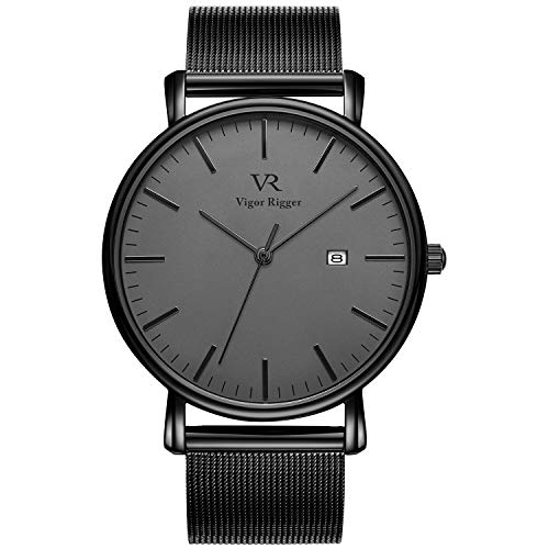 Vigor Rigger Relógio de quartzo para homem e mulher, relógio de pulso ultra fino preto para homem com design minimalista clássico com calendário de data