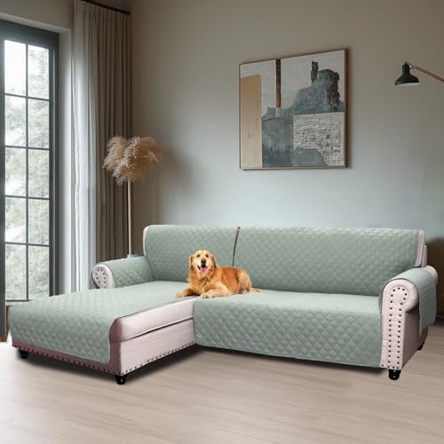 BellaHills Capa sofá Chaise Long, capa sofá 3 praças, capa sofá Chaise longo acolchoado braço direito forma de L 247 cm, protetor de sofá, verde claro