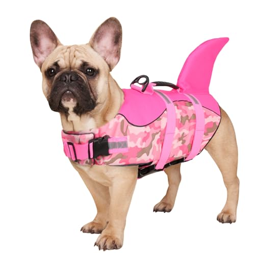 CITÉTOILE Flutuador para cães pequenos e grandes, colete flutuante de tubarão camuflagem para cães, colete salva-vidas para cães com alça e refletor para desportos aquáticos, rosa, M