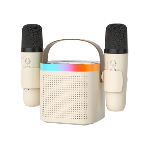 Karaoke Máquina Plus 2 microfones portátil Bluetooth karaoke altifalante com mudança de voz e luz led para crianças adulto, presente de aniversário de Natal família festa em casa (leitoso)