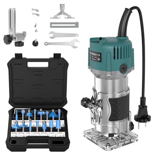 Fresadora de 6,35 mm de diâmetro, fresadora elétrica, 800 W, fresadora à mão, 30 000 rpm, com interruptor basculante de um só toque com base transparente, com conjunto de 15 fresas para madeira