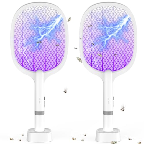 YOUBST Raquete mosquitos elétrica 5000 V 1800 mAh, 2 em 1 Electric Fly Swatter Racket USB C recarregável com base de carregamento, Bug Zapper Mosquito Killer para mosquitos, traças, 2 unidades