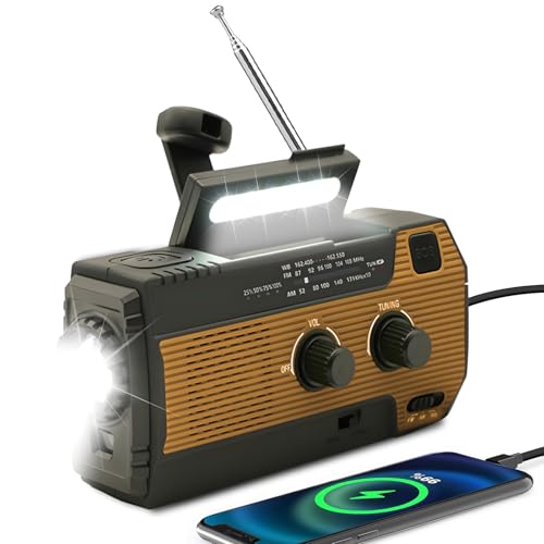 SOLARBABY Rádio solar de emergência com manivela e 2000 mAh, com lanterna LED integrada, alarme SOS e rádio meteorológico AM/FM, bateria que também permite o carregamento de emergência de telefones
