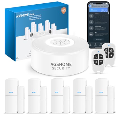 AGSHOME Alarme para casa, sistema de alarme para casa, antirroubo para casa sem fios com 1 sereia, 5 sensores para portas e janelas e 2 controlos remotos, através da aplicação, compatível com Alexa