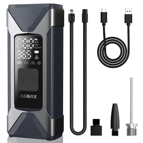 ASMAX Compressor de ar portátil 7500 mAh, 160 PSI/11 bar insuflável elétrico com manómetro, bateria recarregável, ecrã LCD, 5 modos bomba de ar para carro, motociclo, bicicleta, bola, com lanterna LED