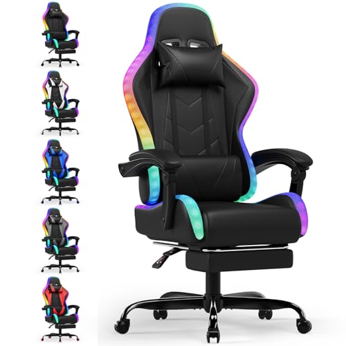 Devoko Cadeira de jogos com massajador e LED, cadeira de escritório ergonómica com apoios para os pés, cadeiras de jogos para escritório e jogos com iluminação RGB (preto)