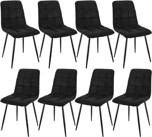 JIJIAN Pacote de 8 cadeiras de sala de jantar, cadeiras estofada com tecido de linho e pernas de metal preto, design quadriculado, multifuncional, resistente à oxidação, preto