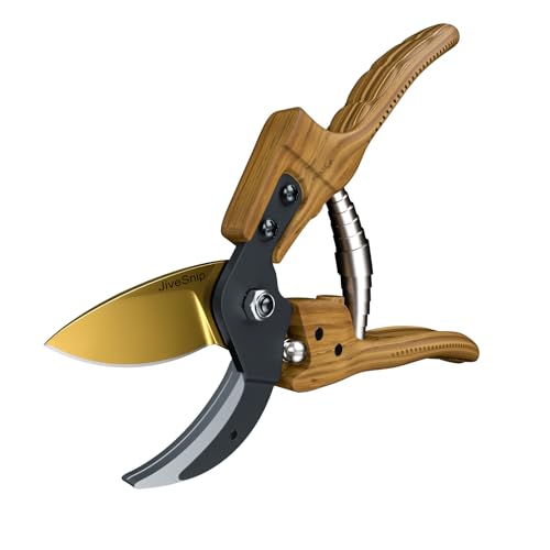 JiveSnip Gardening Scissors Tesouras de podar de jardim em titânio de primeira qualidade, design ergonómico, ideais para cortar jardins e aparar plantas (cabo de madeira)