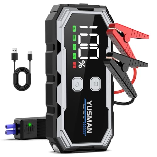 YUSMAN Arrancador de baterias de carros, 3000A 12 V para 7 L de gasolina ou 5 L de diesel, iniciador de carro portátil com ecrã LCD, Jump Starter com 3 modos LED, carregamento rápido