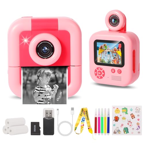 Câmara com fotos infantis instantâneas, ZUEOKAI 2,4" com lente rotativa de 180° e 3 papéis de impressão, câmara de fotos infantil cartão de 32 GB, aniversário para menino menina de 3-10 anos