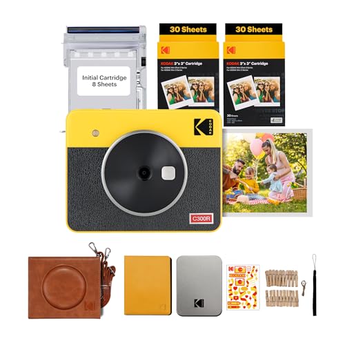 KODAK Mini Shot 3 retro 4 PASS 2 em 1 câmara instantânea e impressora fotográfica (7,6 x 7,6 cm) pacote de acessórios 68 folhas, amarelo