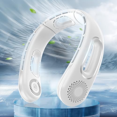 Dnenellr Ventoinha de pescoço portátil, 5200 mAh ventilador de pescoço USB recarregável, design de escavação de orifícios, ventilador de pescoço silencioso com 4 velocidades para desporto escritório