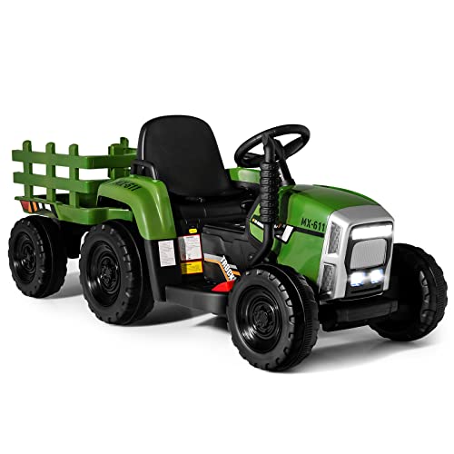 COSTWAY 12 V trator elétrico para crianças com reboque, 3 velocidades e controlo remoto, 2,4 G, brinquedo trator com luzes LED, música, USB e Bluetooth para crianças com mais de 3 anos (verde militar)