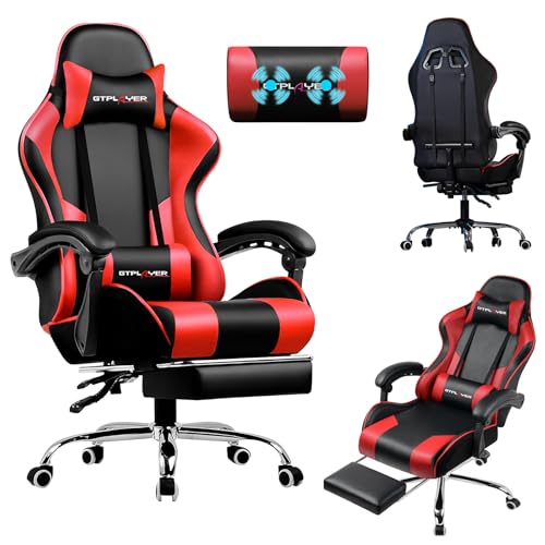 LUCKRACER Cadeira de jogos com massagem ergonómica, apoios para os pés e apoios de cabeça retrátil | suporte 150 kg, escritório e casa, vermelho