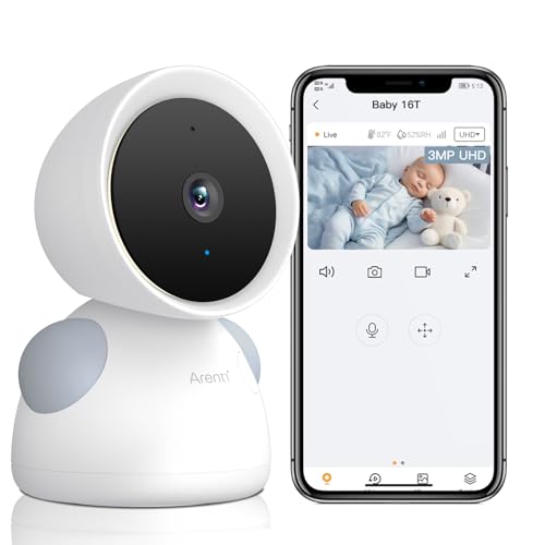 ARENTI 2 K/3 MP Vigilância com câmara, câmara de vigilância para bebé com WiFi PTZ 355 °, deteção de gritos, sensor de temperatura e humidade, visão noturna por infravermelhos (sem ecrã)