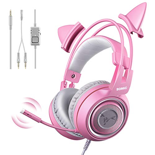 SOMIC G951S Auriculares Rosa para Juegos con micrófono, Auricular Rosa Oreja de Gato con 3.5mm con Cable para Xbox One, Switch, PS4, PS5