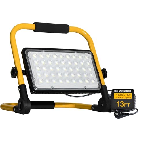 Foco de trabalho LED 100 W, 10000LM Foco LED portátil com cabo de 4 m 6500 K luz branca de construção, exteriores, impermeável, IP66, suporte dobrável para obra, oficina, garagem