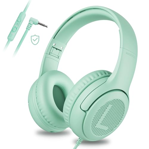 awartue Auriculares crianças com cabo de áudio de 3,5 mm, volume limitado 85/94 dB, faixa de cabeça ajustável almofadas macias, capacetes infantis para aulas online/viagens/estúdio, verde