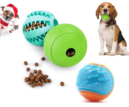 Guidre Bola de brinquedo para cão, bola de borracha para comida, brinquedo interativo para cão, brinquedo dispensador de golosina para animais de estimação, 2 unidades (1 rosa + 1 verde + 1 azul e