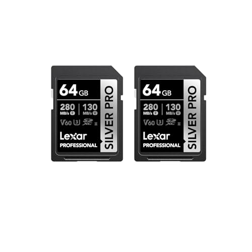 Lexar SILVER PRO Cartão SD de 2 x 64 GB, cartão de memória SD UHS-II, V60, U3, C10, leitura de até 280 MB/s, escrita de 130 MB/s, cartão SDXC para DSLR/câmara/fotógrafo/videógrafo (LSDSIPR064G-B2NAA)