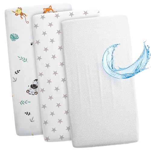 Lençóis ajustáveis para carrinho de bebé conjunto de 3: 120 x 60 cm, 2 lençóis 1 protetor de colchão impermeável, acessórios para berço de bebé e miniberço Safari branco