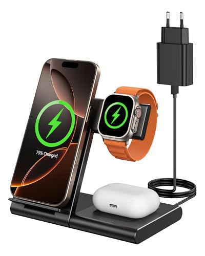 Carregador sem fios 3 em 1 estação de carregamento indutiva para Apple Watch e iPhone para iPhone 16/15/14/13/12/11/X/XS/XR/8, para AirPods1/2/3/4/Pro/Pro2, para Apple Watch 10/9/8/U Ltra/7/3-4 Anos