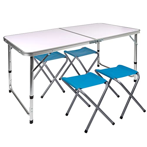 AKTIVE Mesa dobrável portátil campismo para 4 pessoas, altura regulável, inclui 4 bancos, mesa dobrável jardim, mesa dobrável com cadeiras dentro, conjunto mesas e cadeiras dobráveis (52893)
