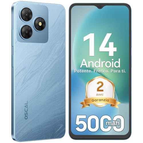OSCAL Flat 2C Mobile 2025 Android 14 6,56" Ecrã HD Smartphone, 5000 mAh, 6 GB+64 GB/2TB, 13 MP+8MP/4G Dual SIM/8-Core/Face ID/OTG/GPS/Capa de telemóvel / 3 anos Garantia T. Telemóveis livres - azul