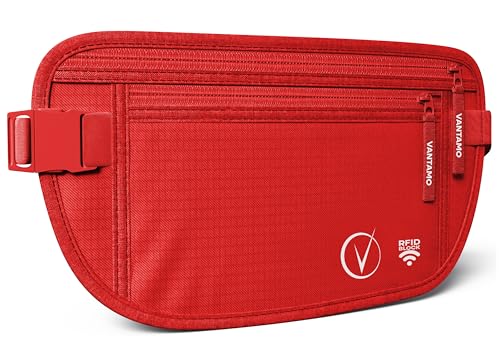 Cinto de dinheiro oculto para viagens, carteira de cintura com proteção RFID, Vermelho e preto, Minimalista