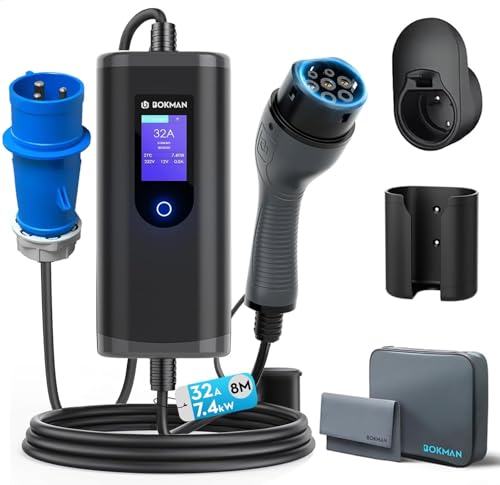 bokman Carregador de carro elétrico tipo 2 com conector CEE, 7,4 kW / 6-32 A / 8 metros / IP65 impermeável, EV-carregador portátil com adaptador CEE para veículos elétricos