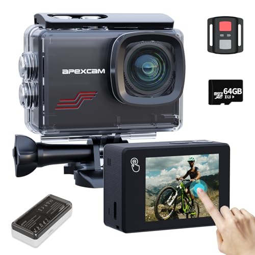 Apexcam Nova M80PRO Câmara desportiva ecrã táctil EIS com 64 G cartão 4 K 64 MP câmara de ação câmara subaquática impermeável 40 m com 8 X zoom e 2 x 1350 baterias kit acessórios