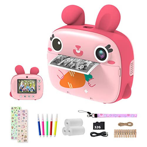 CAMCLID Câmara com fotos infantis instantâneas, 12 MP/1080P câmara instantânea para crianças com papel de impressão sem tinta e cartão 32G, presentes para meninos e meninas 3 a 12 anos (rosa)