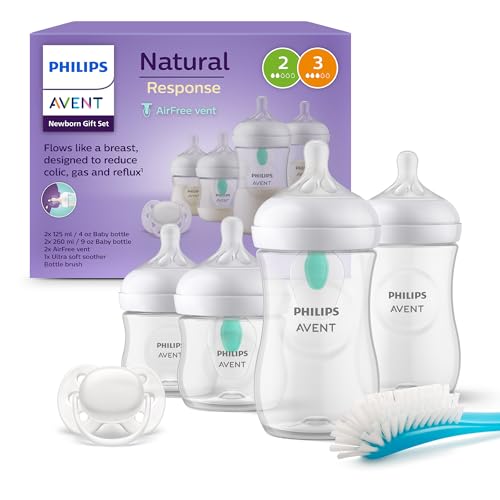 Philips Avent Set de presente para recém-nascidos: 4 biberões com sistema AirFree, chupeta ultra macia e escova, 0-12 meses (modelo SCD657/11)