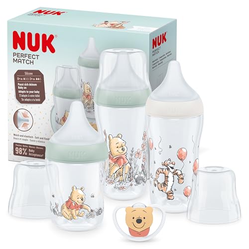 Conjunto de biberões Perfect Match da NUK 0-6 meses | adapta-se ao paladar do bebé, 3 biberões anticólicas e chupeta Space | sem BPA, Winnie the Pooh da Disney | 4 unidades