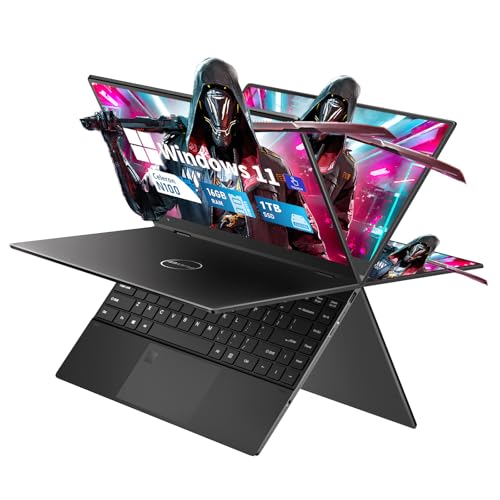 FUNYET Portáteis 2 em 1, processador N100 16 GB RAM 1TB SSD Windows 11 PC portátil, PC portátil de 14 polegadas ioga, teclado Bluetooth com retroiluminação e desbloqueio de impressões digitais