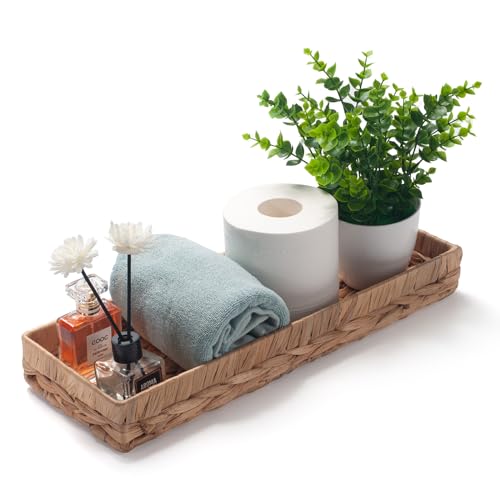 Bandeja de Baño Almacenaje Decorativas Jacinto de Agua Cesta Mimbre de Papel Higiénico Rectangular Estante de Toallas para Pasajeros Finos y Largos (Natural 41.5 x 15.5 x 5cm)