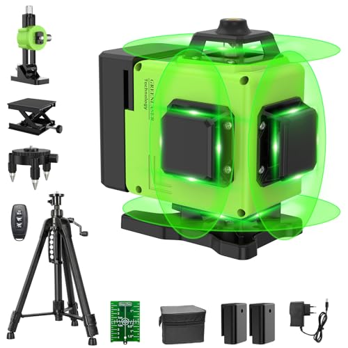 Com tripé: nível laser automático de 360° x 4 graus verde, 30 m, P54, base magnética giratória de 360°, ferramenta de nivelamento profissional de alta precisão, 2 pilhas, função de pulso