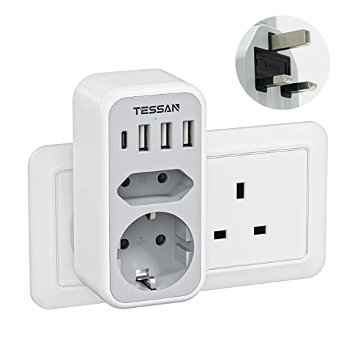 TESSAN Adaptador de tomada inglesa para espanhol, adaptador de tomada UK com 3 USB e 1 USB C, 6 em 1 adaptador UK, Irlanda, tipo G para a Irlanda