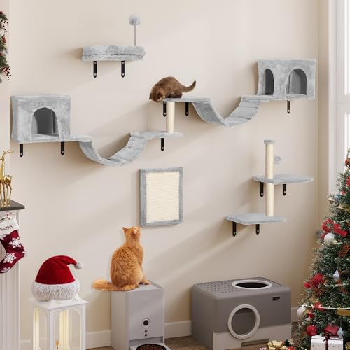 YITAHOME 8 peças prateleira de escalada para gatos montada na parede, móveis de parede de madeira para gatos árvore para gatos com postes de arranhões/casa/ponte / escadas/bola suspensa, cinzento