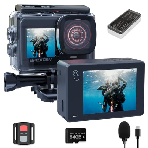Apexcam Nova câmara de desporto X80pro com EIS de ecrã duplo com 64 G cartão 4K60FPS 48MP ultra HD WiFi câmara de ação câmara subaquática 40 m impermeável 2,4 G controlo remoto 2 x 1350 mAh baterias