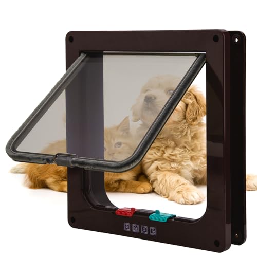 TKOOFN Gatera para cães, fecho de 4 vias, porta-gatos para gatos, porta para gatinhos, cães de pequeno tamanho, entrada e saída controlável (castanho, L – 23,5 x 25 x 5,5