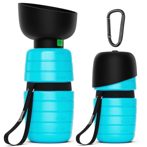 Pecute Garrafa de água para cães com tigela de água dobrável (azul 850 ml) garrafa de água de silicone de grau alimentar para cães gatos, 100% livre de fugas de água