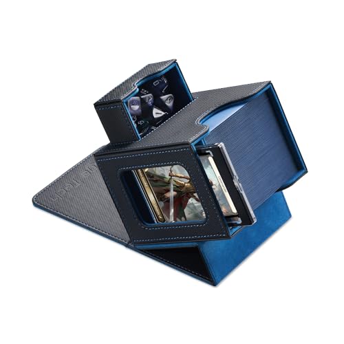 Mage Tech Card Commander Deck Box para MTG - design patenteado, expositor de comando, capacidade para 100 cartas de manga dupla, porta-cartões magnético de 35 pt e bandeja de dados - preto/azul