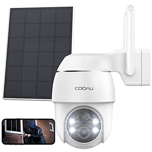 COOAU 2k Câmara de vigilância WiFi exterior solar com bateria recarregável, câmara de vigilância doméstica WiFi PTZ com visão noturna colorida, deteção de movimento PIR, sereia, IP66 branco