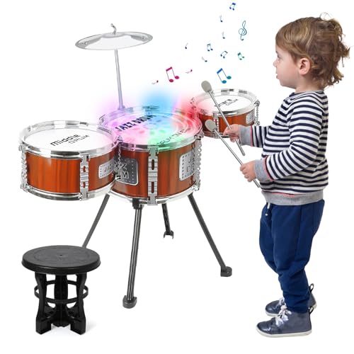 Bateria musical infantil crianças com luzes, kit de tambor infantil brinquedos, jazz tamboretes com banco para crianças, instrumentos musicais educativos bateria presente para crianças 1 2 3 4 5 6