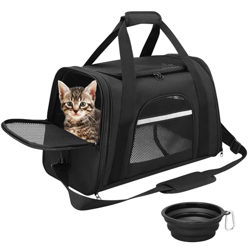 SHJOEE Transporte dobrável para gatos e cães bolsa de transporte respirável para animais de estimação transportadora de viagem com alça de ombro ajustável transporte de gato com colchão suave tigela