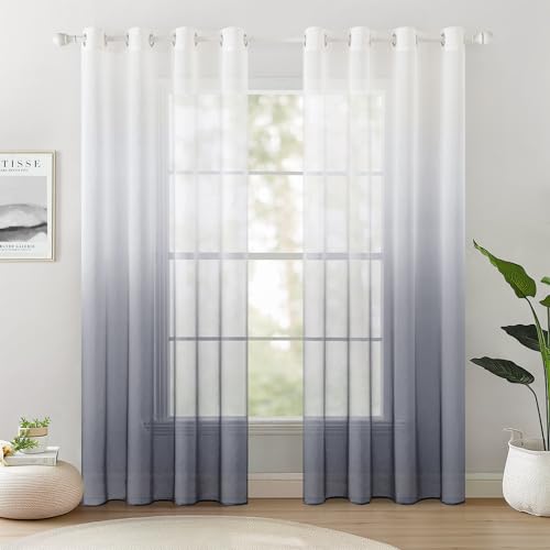 Woaboy Cortina translúcida, com ilhoses, riscas, janelas de poliéster decorativas, para quarto e 2 peças, 140 x 225 cm, cinzento